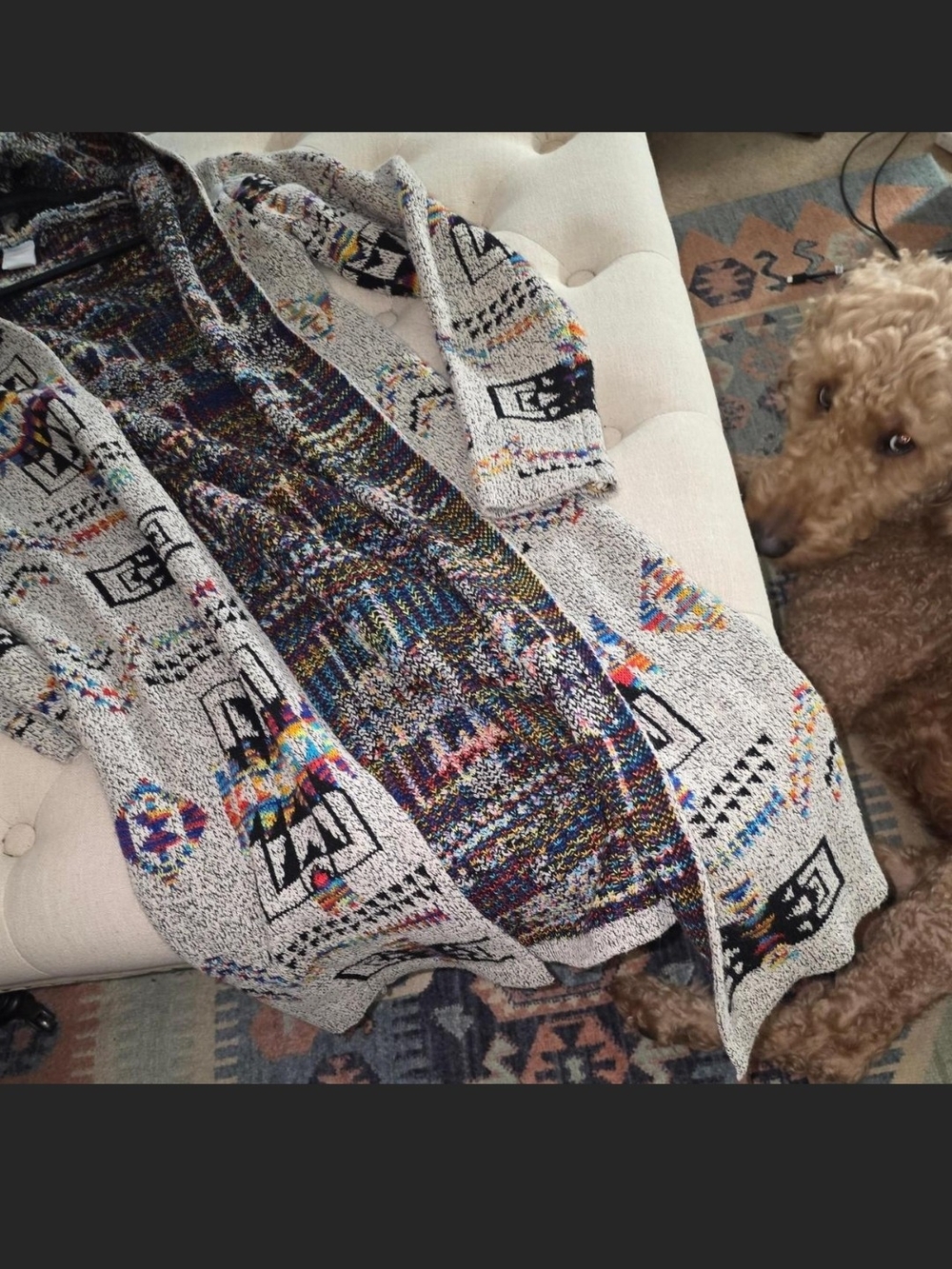 Open-Front Aztec Teddy Cardigan Jacket in Light Gray with Multicolor Details